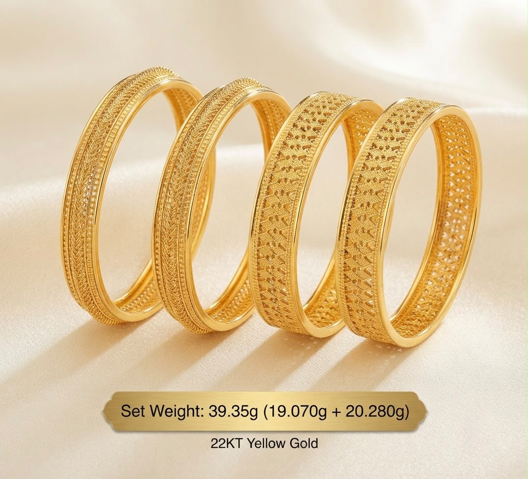 Gold Cutwork Bangle Set — Set weight: 39.35 g (19.070 g + 20.280 g) · 22KT Yellow Gold