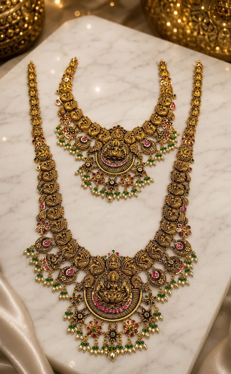 Antique Gold Lakshmi Double Necklace Set