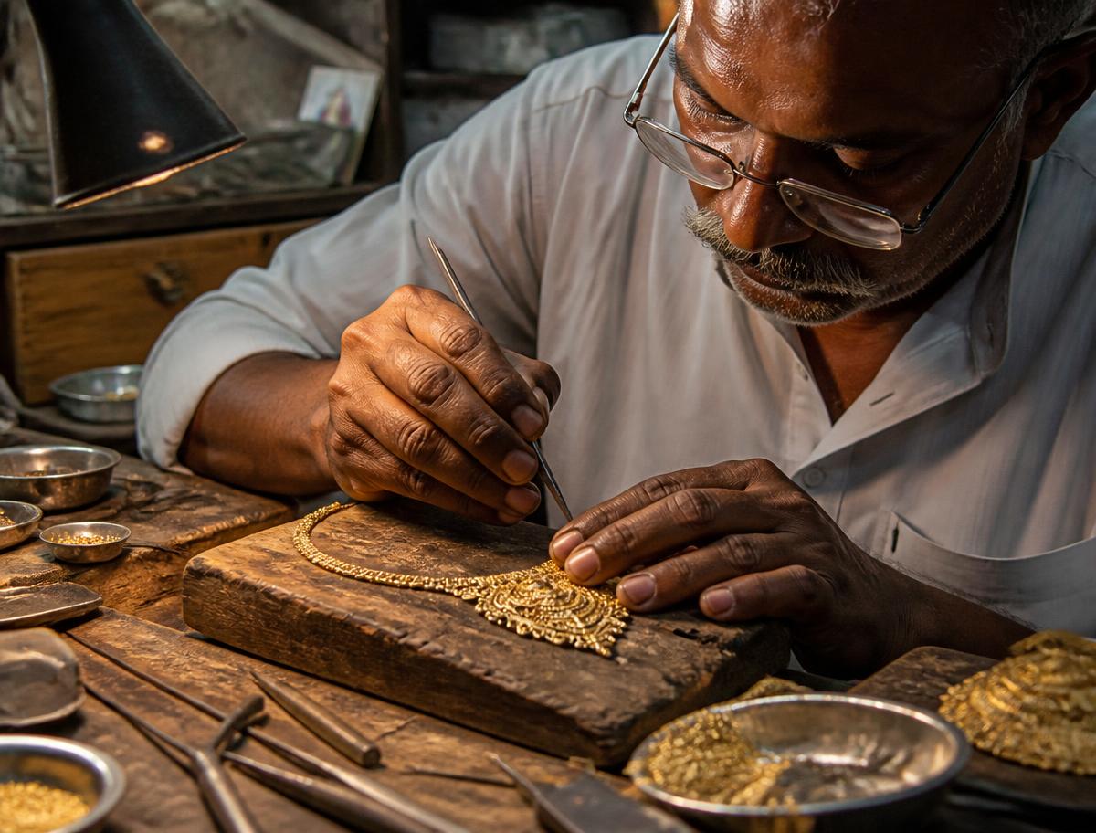 A goldsmith engraving a gold necklace at the workbench
